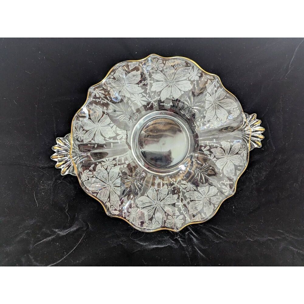 Fostoria Baroque MCM Etched Handle Cake Plate Serveware EUC